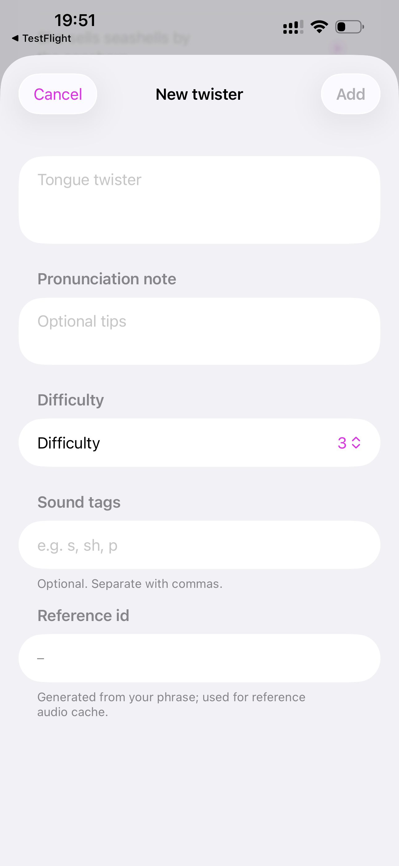 Add New Twister — Your new lines receive server-side reference audio.