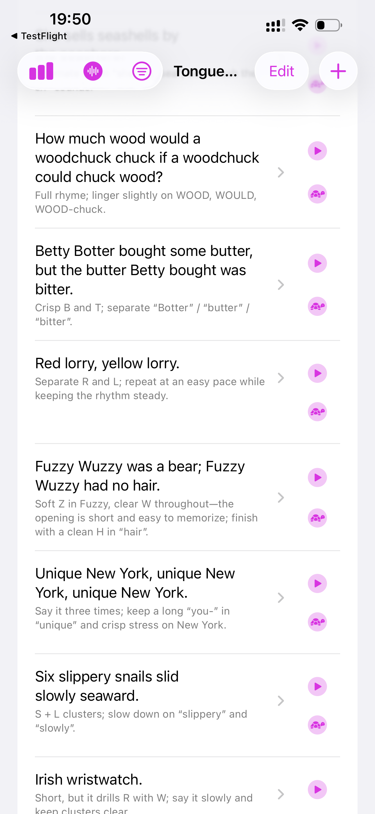 Browse Twister Library — Per line: tips, play, and slow audio.