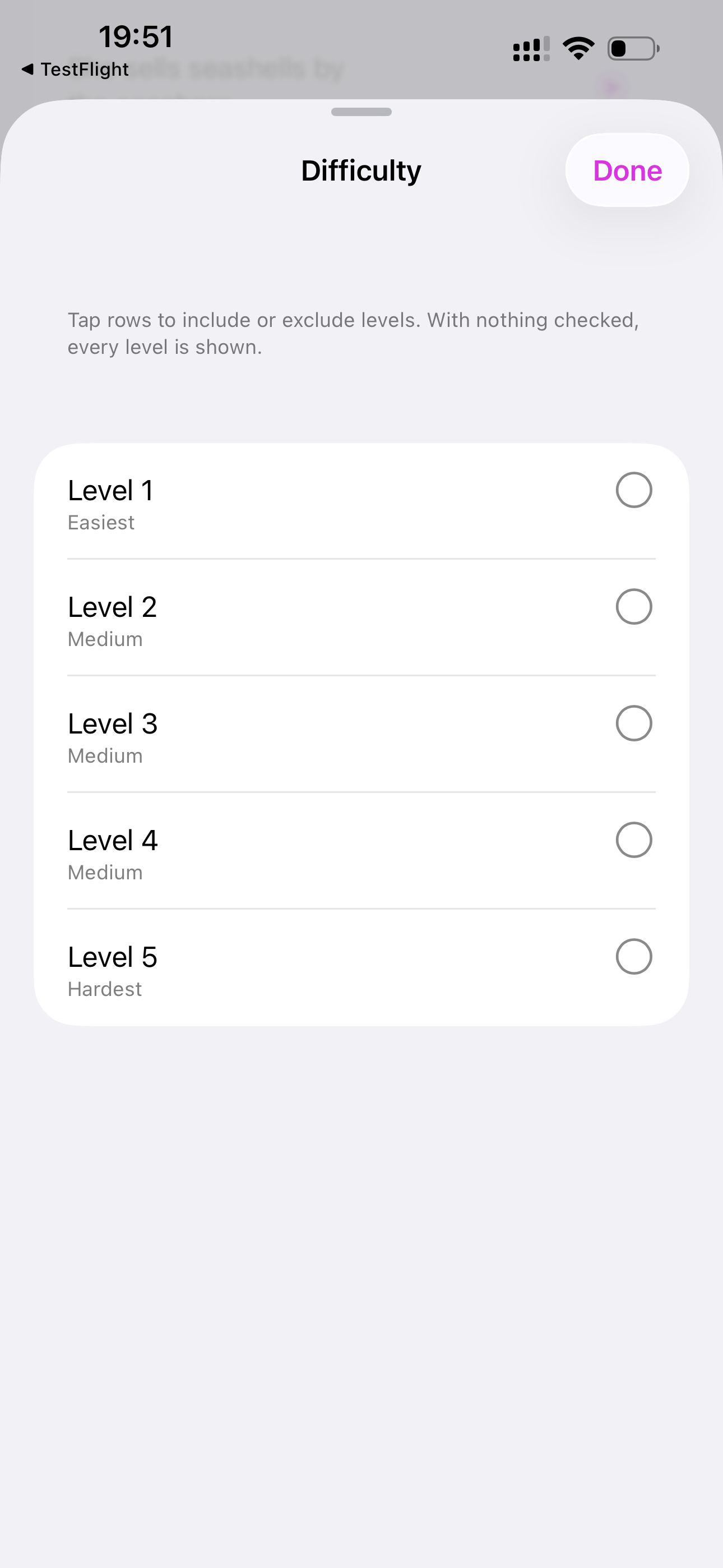 Filter by Difficulty — Show only the difficulty levels you select.