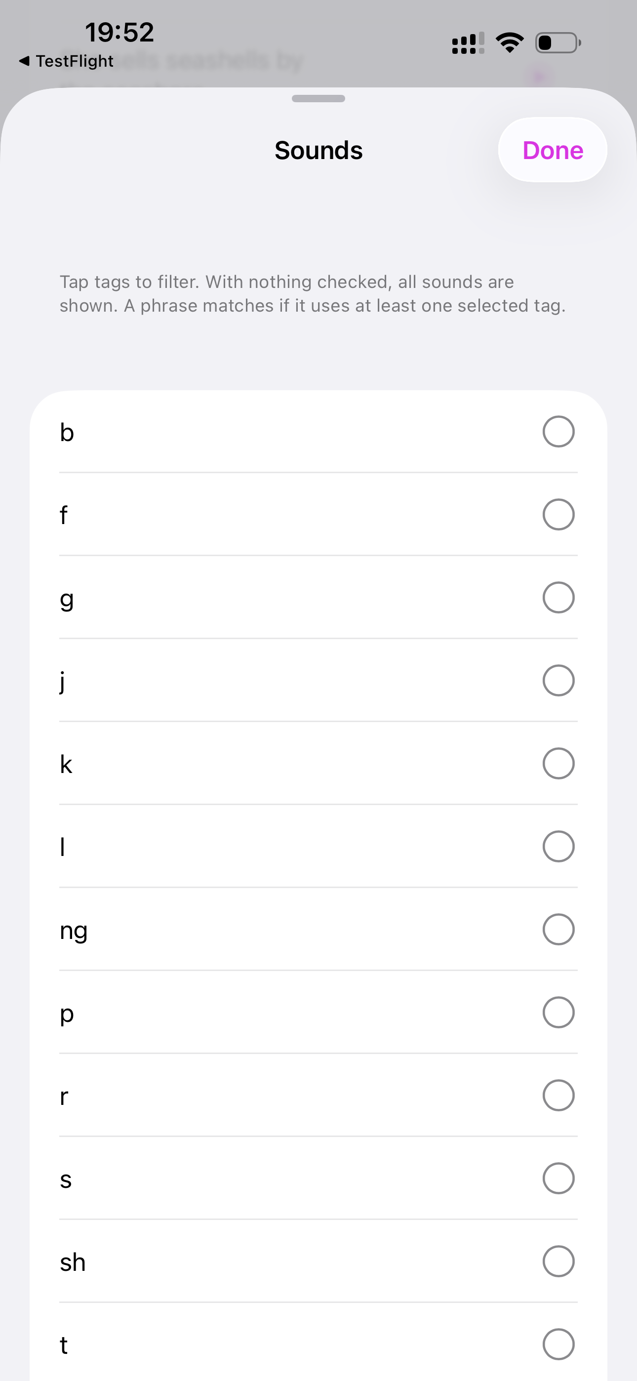 Filter by Sounds — Phrases matching the sound tags you choose.