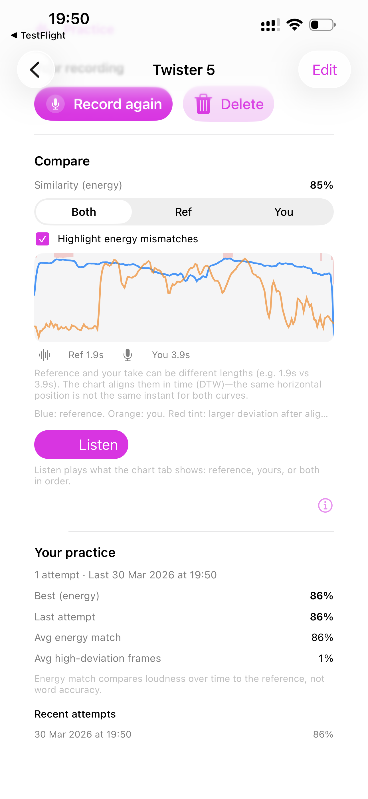 Practice Stats and History — Recent attempts and your best scores here.